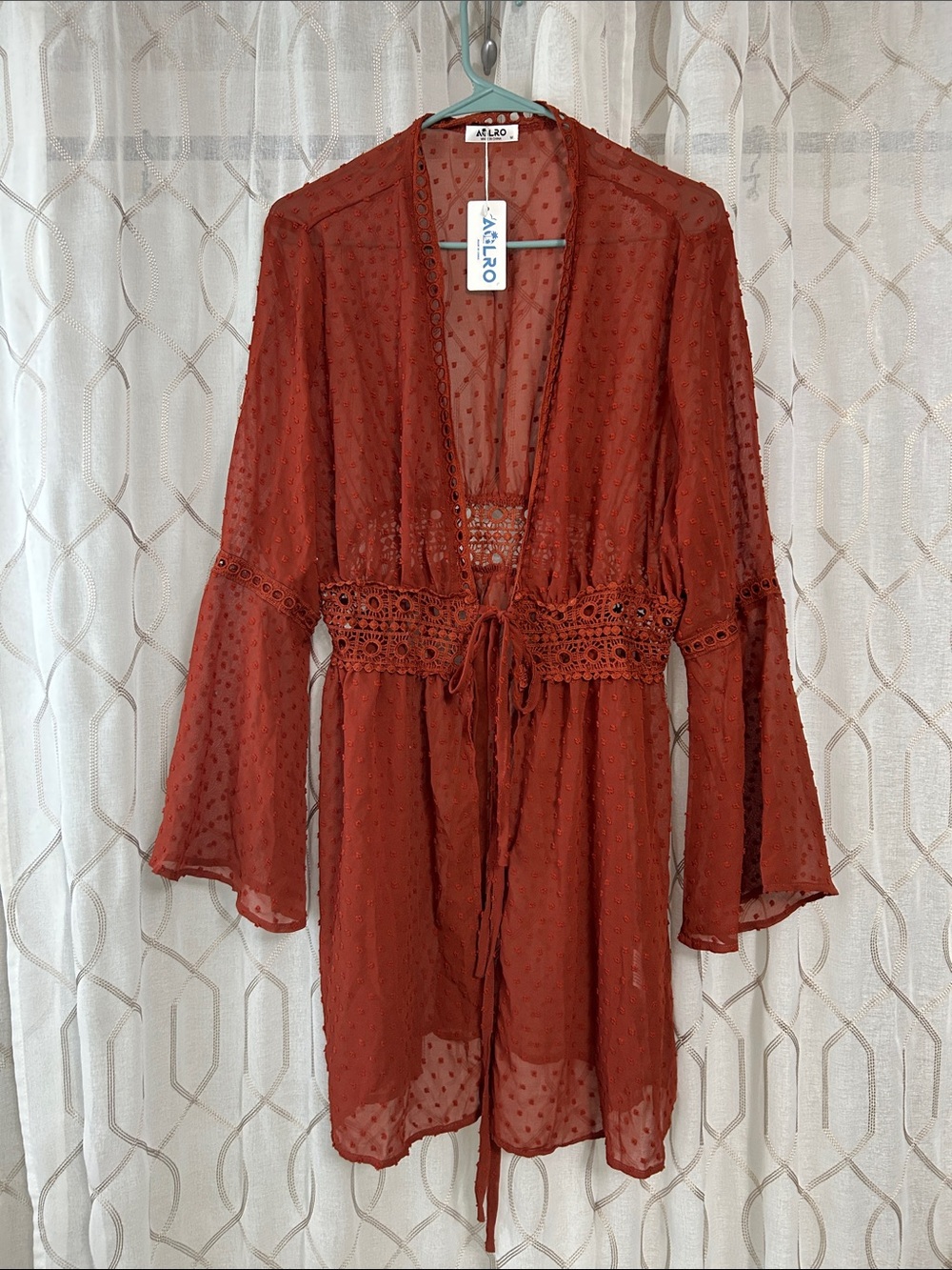 Amazon Women's Rust Red Sheer Crochet Waist Swim Coverup